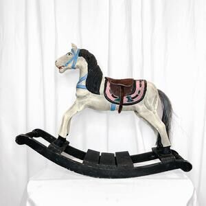 Vintage Hand Carved Wood Rocking Horse w/ Leather Saddle • Painted • Kids Toy